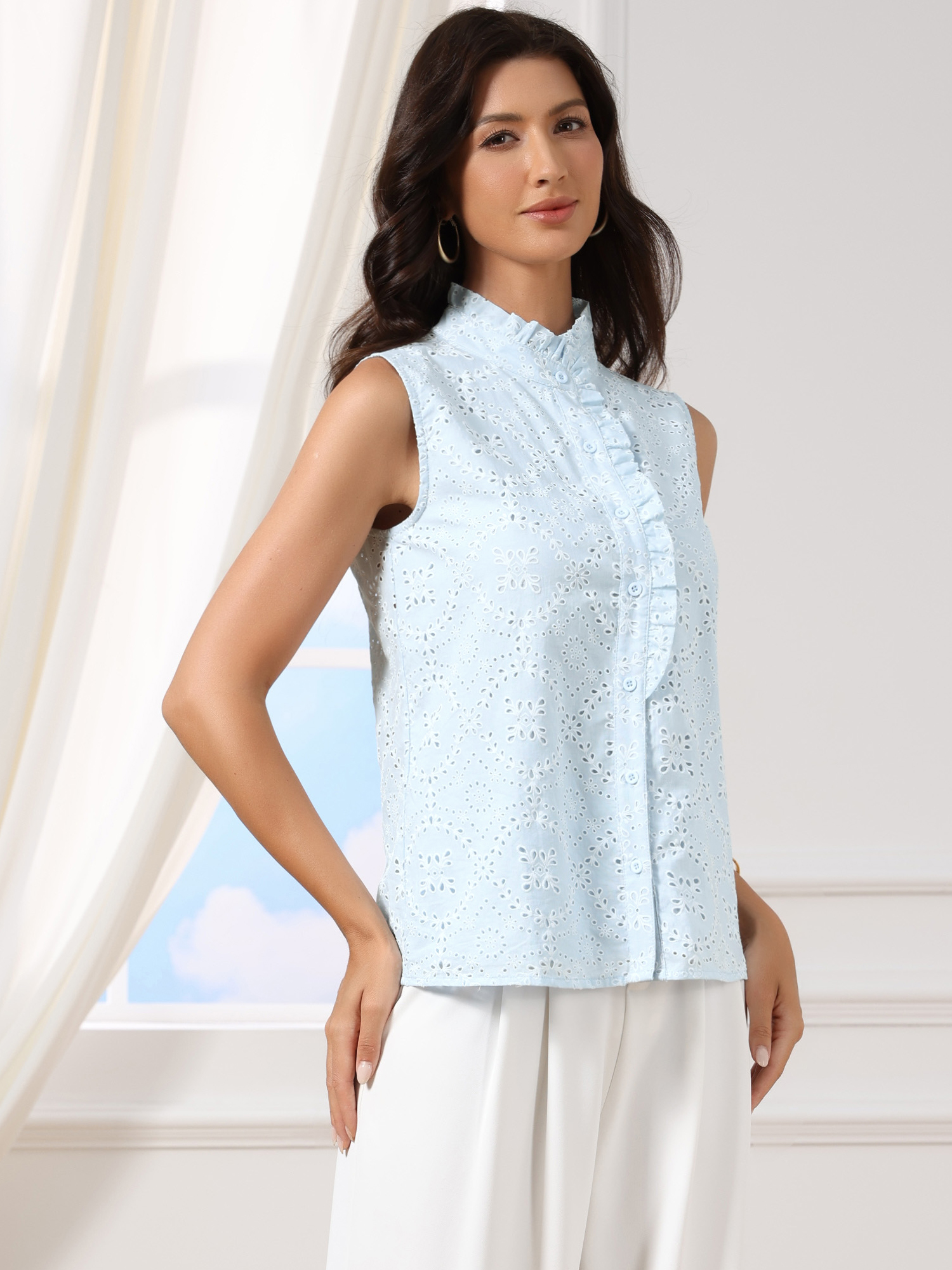 Cotton Eyelet Ruffled Mock Neck Button Down Sleeveless Blouse Light Blue/XS - Allegra K catalog