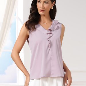 Sleeveless Ruffle V Neck Dressy Casual Blouses Grey Pink/XL - Allegra K catalog