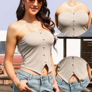 Strapless Summer Casual Knitted Going Out Crop Tube Tops Light Khaki/XS - Allegra K catalog