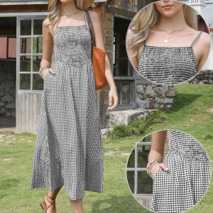 Gingham Spaghetti Strap Pockets Smocked A-Line Dress Sundress Black/XS - Allegra K catalog