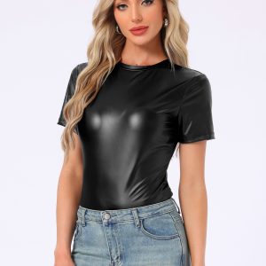 Glitter Metallic Short Sleeve Shiny Multicolor Blouse Black/XL - Allegra K catalog
