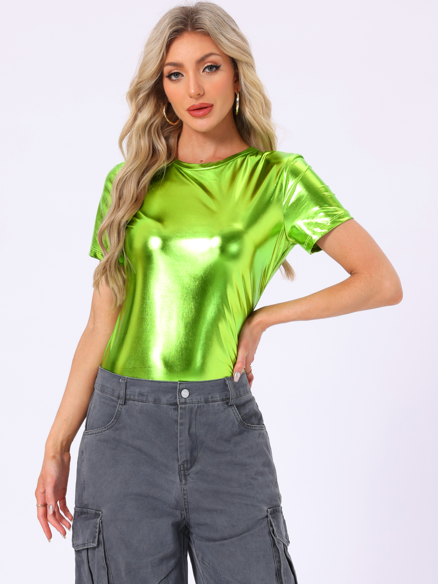 Glitter Metallic Short Sleeve Shiny Multicolor Blouse Mustard Green/XS - Allegra K catalog