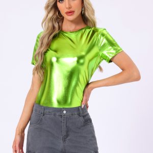 Glitter Metallic Short Sleeve Shiny Multicolor Blouse Mustard Green/L - Allegra K catalog