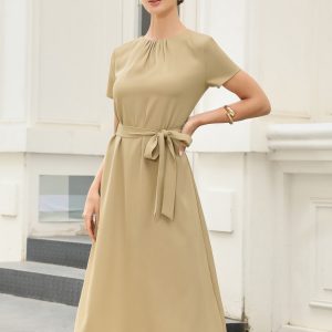 Work Casual Short Sleeve Ruched Crew Neck A-Line Belted Dress Khaki/M - Allegra K catalog