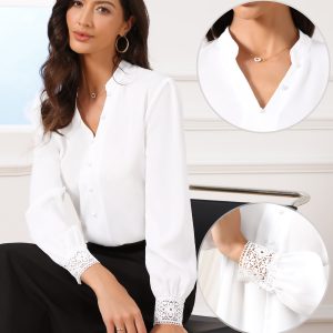 Office Chiffon Lace Cuffs Long Sleeve Blouse White/XL - Allegra K catalog