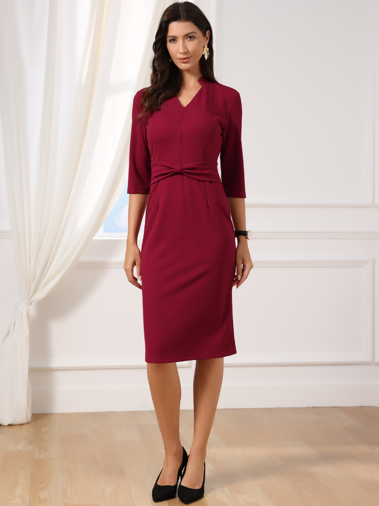3/4 Sleeve Collared V Neck Business Office Sheath Dress Wine Red/M - Allegra K catalog