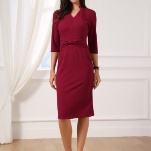 3/4 Sleeve Collared V Neck Business Office Sheath Dress Wine Red/L - Allegra K catalog