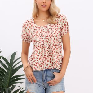 Floral Pleated Crew Neck Lightweight Short Sleeve Blouse Beige/XS - Allegra K catalog