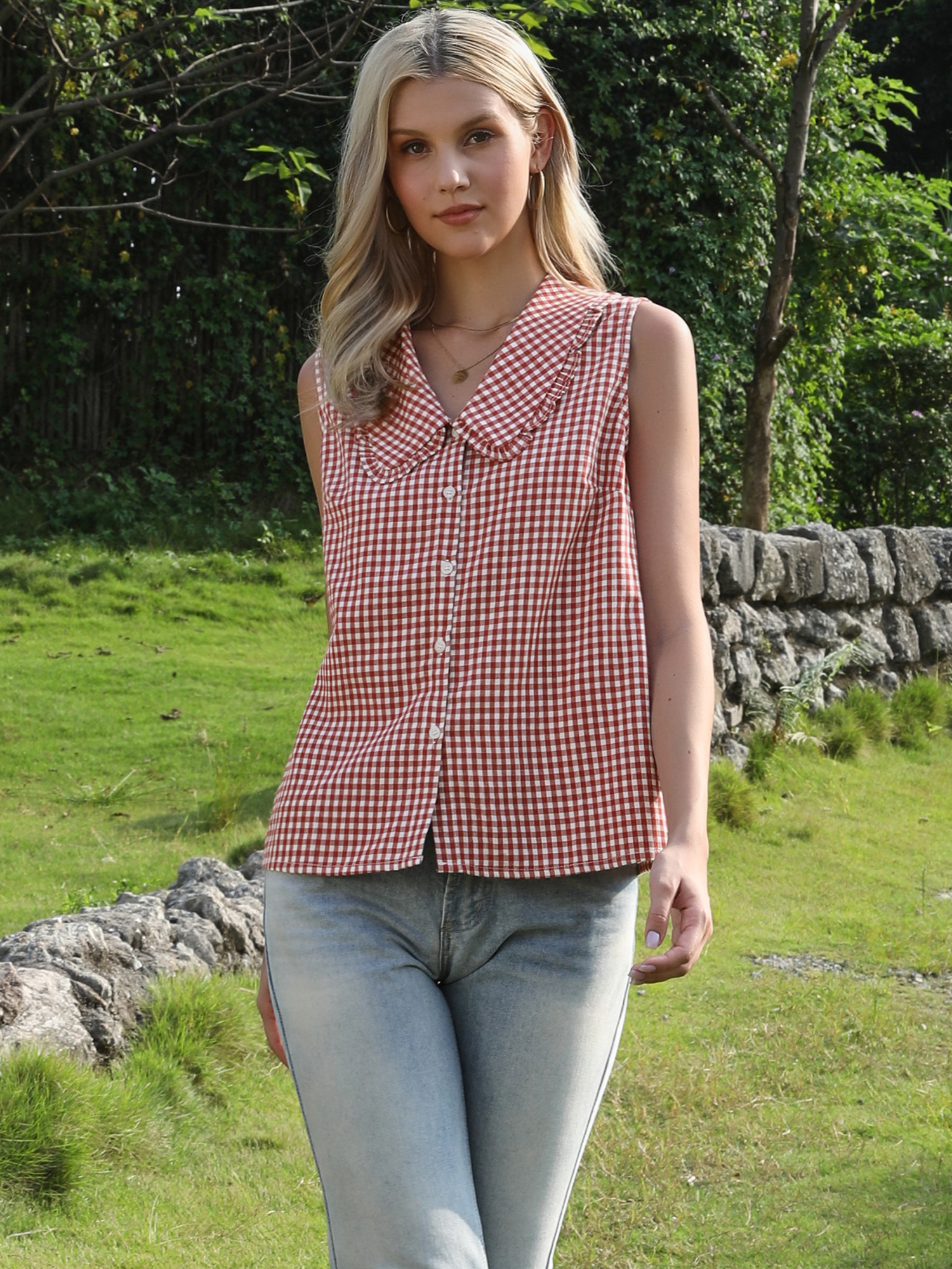 Gingham Ruffle Peter Pan Collar Sleeveless Blouse Red/XS - Allegra K catalog