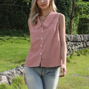 Gingham Ruffle Peter Pan Collar Sleeveless Blouse Red/L - Allegra K catalog