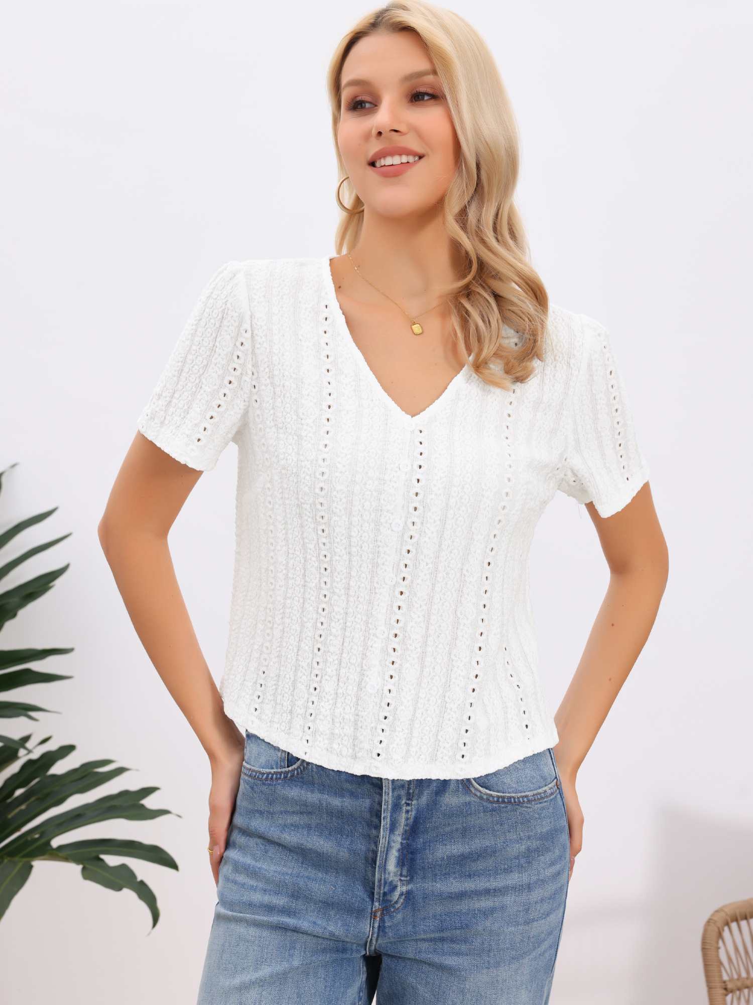 V Neck Texture Short Sleeves Button Down Casual Blouse White/M - Allegra K catalog