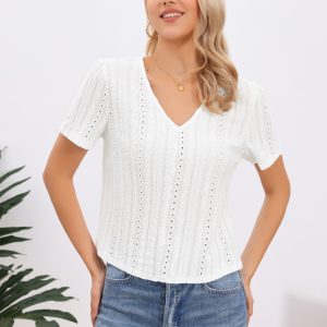 V Neck Texture Short Sleeves Button Down Casual Blouse White/XL - Allegra K catalog