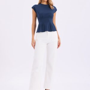 Cotton Cap Sleeve Crew Neck Business Work Peplum Blouse Navy Blue/L - Allegra K catalog