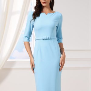 3/4 Sleeve Notch Neck Belted Formal Midi Work Dress Blue/XL - Allegra K catalog