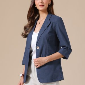 3/4 Sleeve Lightweight Cotton Linen Casual Blazer Navy Blue/2XL - Allegra K catalog