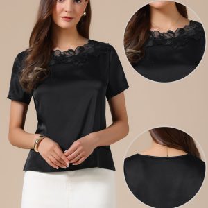 Satin Dressy Casual Short Sleeve Flower Lace Blouse Black/L - Allegra K catalog