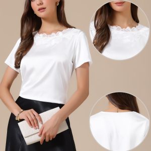 Satin Dressy Casual Short Sleeve Flower Lace Blouse White/XL - Allegra K catalog