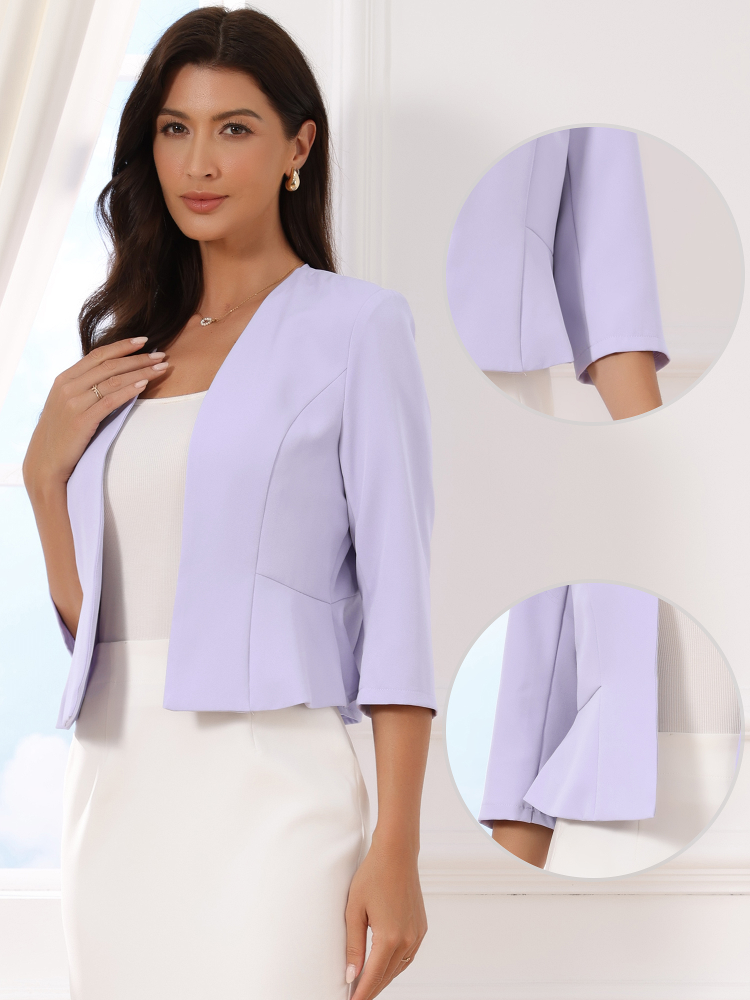 Open Front Collarless 3/4 Sleeve Peplum Cropped Jacket Light Purple/M - Allegra K catalog