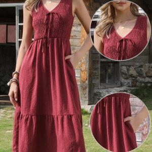 Sleeveless Smocked A-Line Pocketed Tiered Midi Dress Burgundy/M - Allegra K catalog