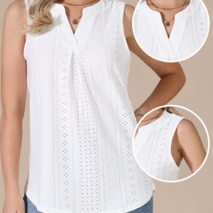 Eyelet Sleeveless Notch Neck Loose Fit Casual Tank Top White/XL - Allegra K catalog