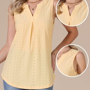 Eyelet Sleeveless Notch Neck Loose Fit Casual Tank Top Yellow/L - Allegra K catalog