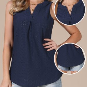 Eyelet Sleeveless Notch Neck Loose Fit Casual Tank Top Navy Blue/2XL - Allegra K catalog