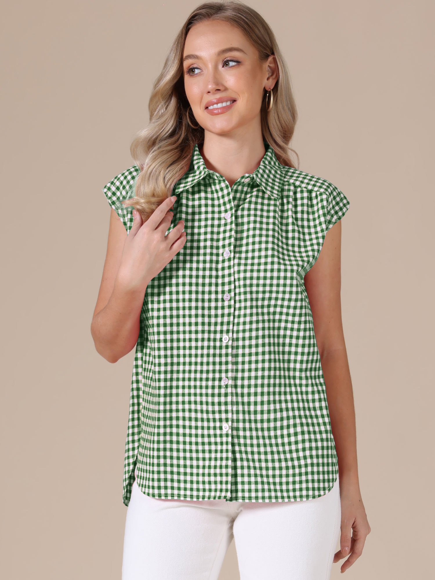 Gingham Cap Sleeves Button Down Blouse Green/M - Allegra K catalog