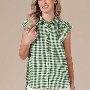 Gingham Cap Sleeves Button Down Blouse Green/XL - Allegra K catalog