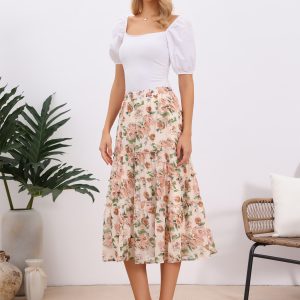 Chiffon Floral Printed Long Tiered Ruffle Boho Midi Skirt Beige Pink-Floral/M - Allegra K catalog