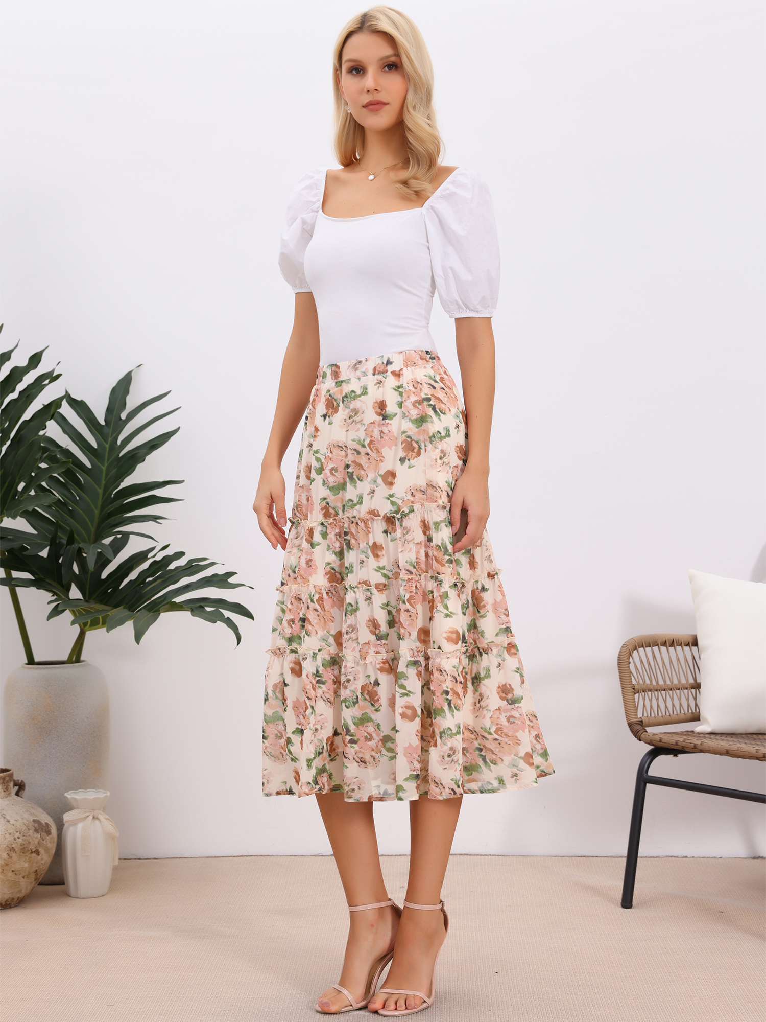 Chiffon Floral Printed Long Tiered Ruffle Boho Midi Skirt Beige Pink-Floral/M - Allegra K catalog