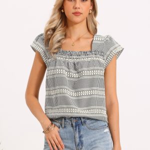 Gingham Square Neck Cap Sleeve Blouse Black/S - Allegra K catalog