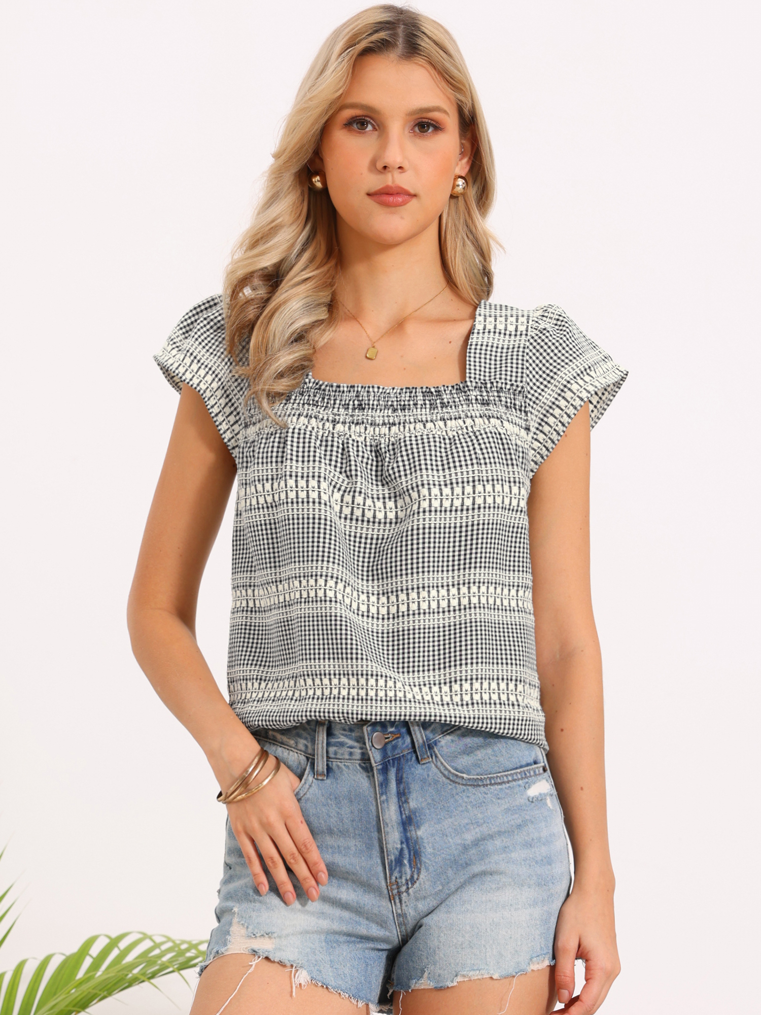 Gingham Square Neck Cap Sleeve Blouse Black/L - Allegra K catalog