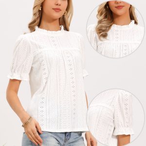 Eyelet Ruffled Puff Sleeve Casual Blouse White/XL - Allegra K catalog