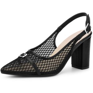 Women's Mesh Mental Buckle Chunky Heel Slingback Pumps Black/8 - Allegra K catalog