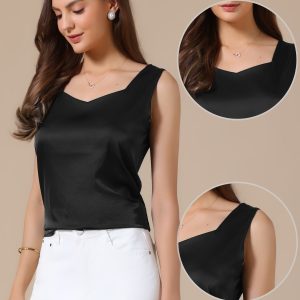 Satin V Neck Dressy Casual Sleeveless Silky Camisole Top Black/M - Allegra K catalog