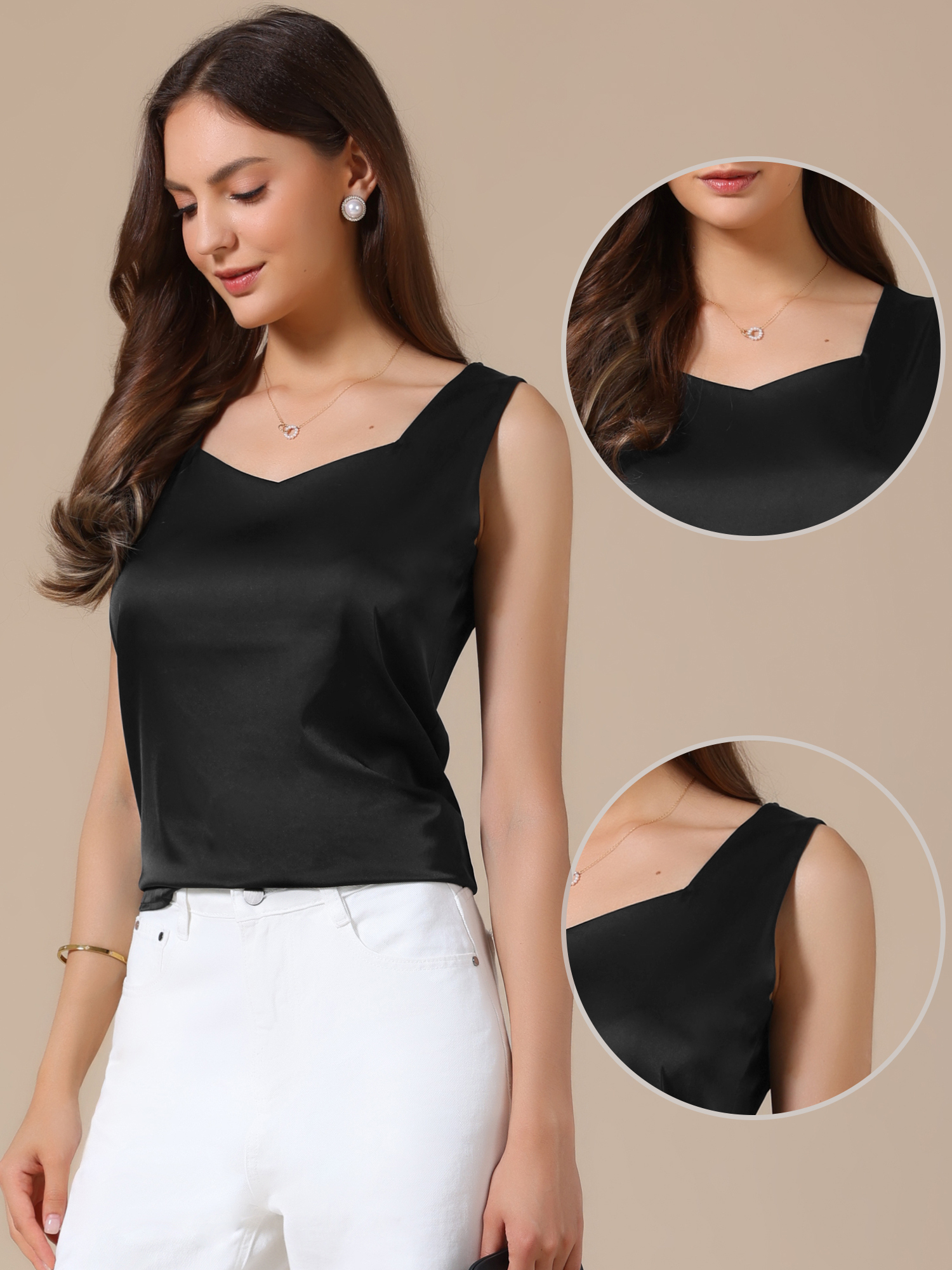 Satin V Neck Dressy Casual Sleeveless Silky Camisole Top Black/M - Allegra K catalog