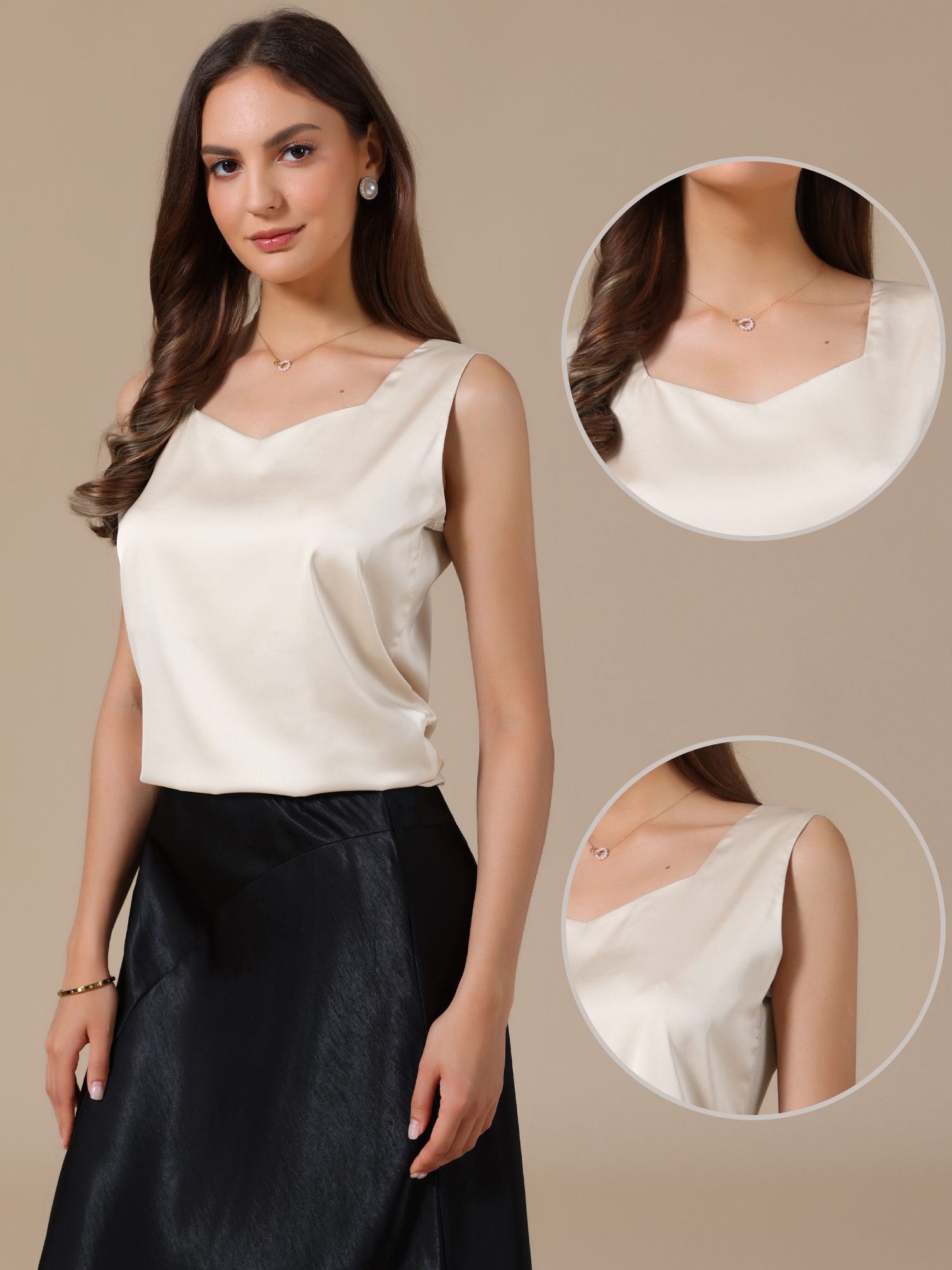 Satin V Neck Dressy Casual Sleeveless Silky Camisole Top Champagne/M - Allegra K catalog
