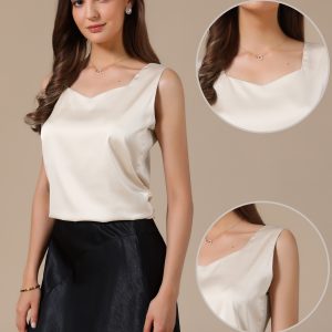 Satin V Neck Dressy Casual Sleeveless Silky Camisole Top Champagne/L - Allegra K catalog