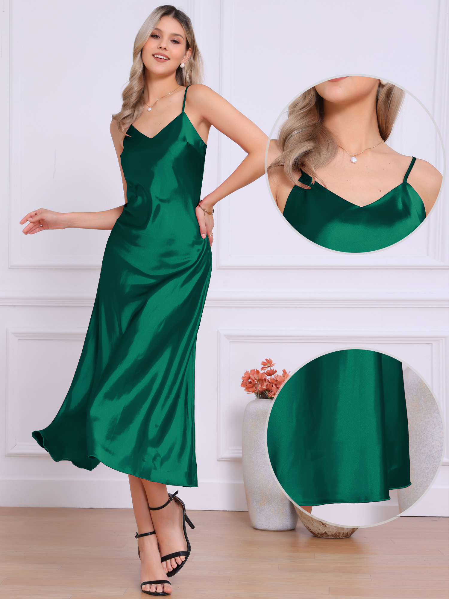 Satin Sleeveless Spaghetti Strap Maxi Dress Peacock Blue/S - Allegra K catalog
