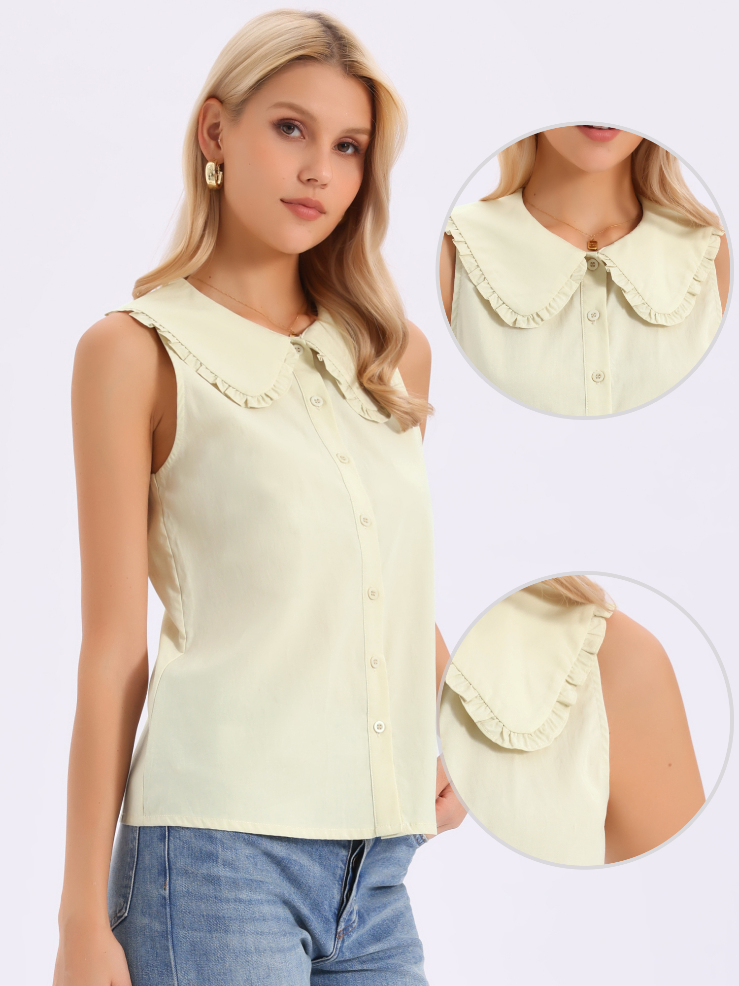 Ruffled Peter Pan Collar Sleeveless Button Down Blouse Apricot/M - Allegra K catalog