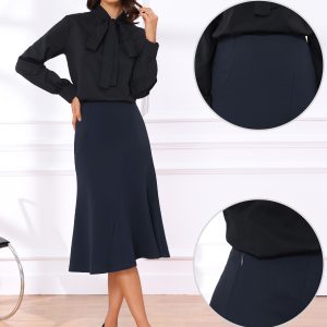 Solid Color Business Casual Midi High Waisted Flared Skirt Navy Blue/M - Allegra K catalog