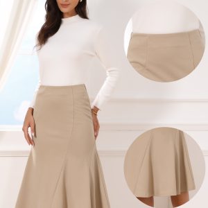 Solid Color Business Casual Midi High Waisted Flared Skirt Khaki/L - Allegra K catalog