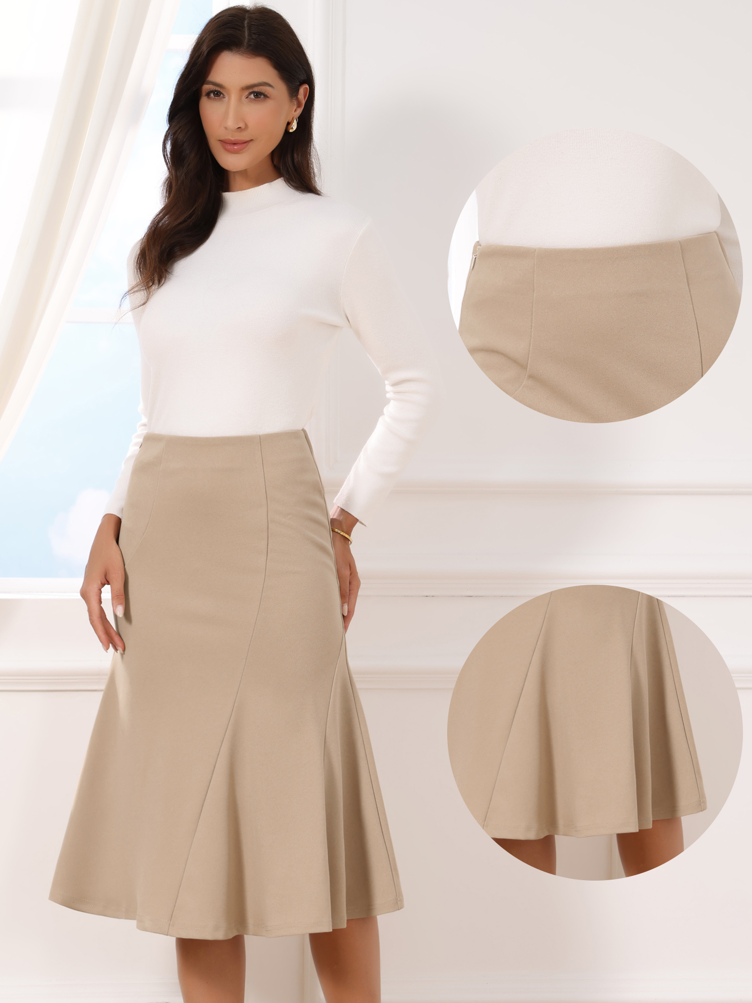 Solid Color Business Casual Midi High Waisted Flared Skirt Khaki/L - Allegra K catalog