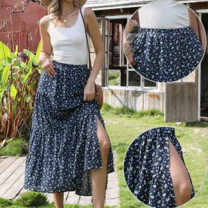 Floral Elastic Waisted Slit A-Line Tiered Long Skirts Dark Blue/XS - Allegra K catalog