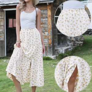 Floral Elastic Waisted Slit A-Line Tiered Long Skirts Beige/XS - Allegra K catalog