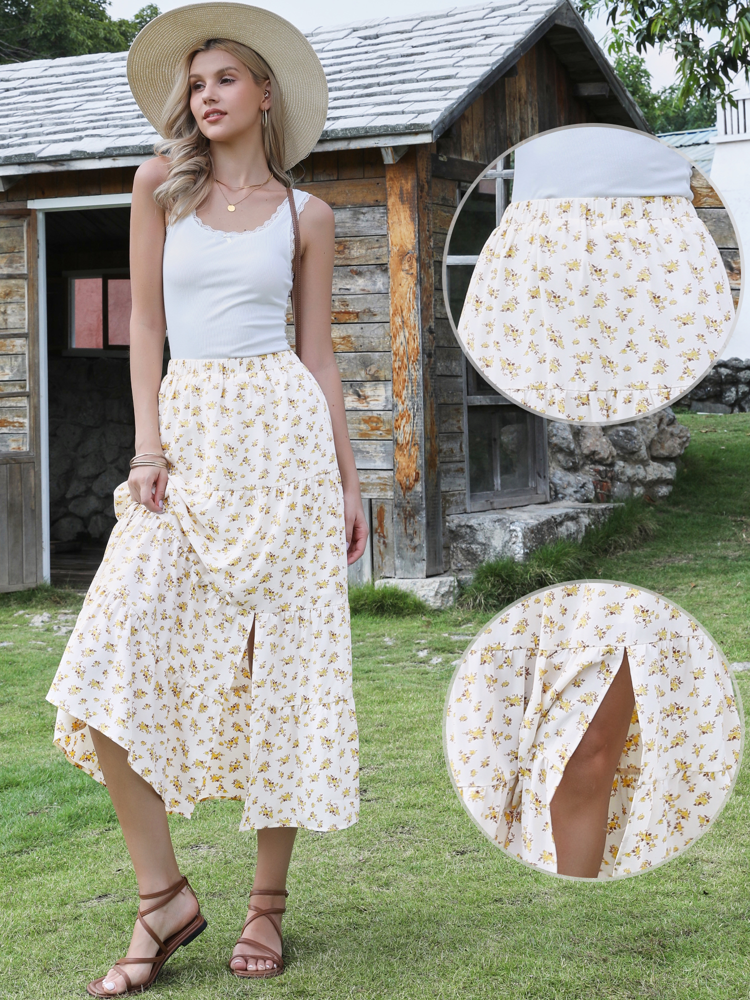 Floral Elastic Waisted Slit A-Line Tiered Long Skirts Beige/S - Allegra K catalog