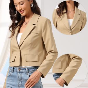 Lapel Collar Work Office Long Sleeve Cropped Blazer Khaki/S - Allegra K catalog
