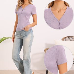 Short Sleeve V Neck Ribbed Knit Henley Tops Dusty Pink/XS - Allegra K catalog