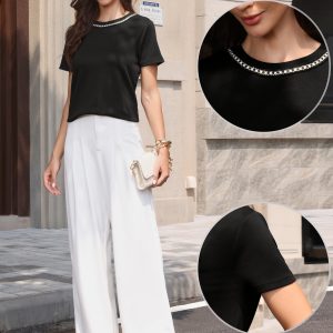 Tweed Neck Short Sleeve Summer Elegant Blouse Black/XL - Allegra K catalog