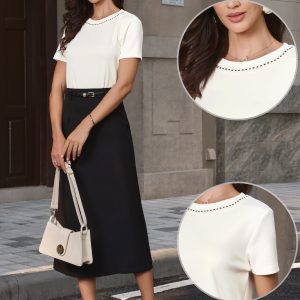 Tweed Neck Short Sleeve Summer Elegant Blouse White/XL - Allegra K catalog